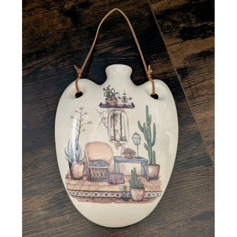 Vintage Southwest Art Vase Planter Canteen Wall Pocket Cactus Cat Window Signed